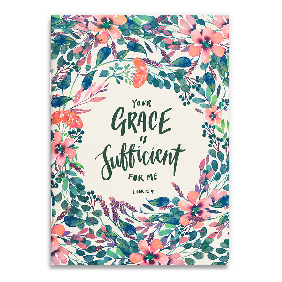 Grace Is Sufficient A6 Christian notebook front cover inspired by 2 Corinthians 12:9.