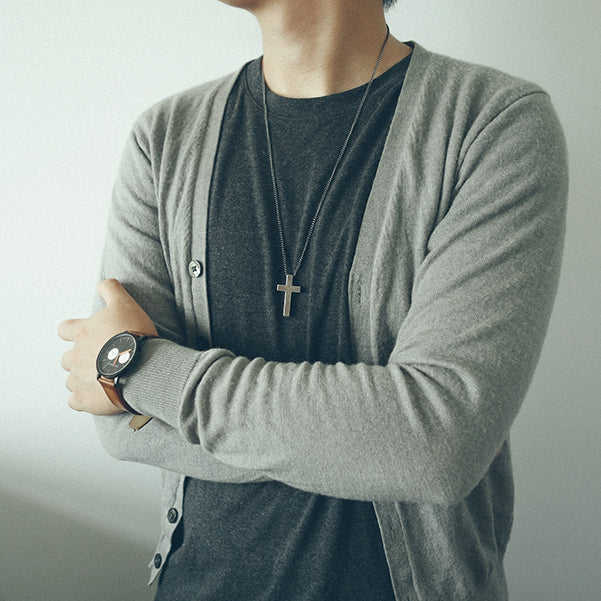 Military-inspired Gunmetal Cross Necklace detail