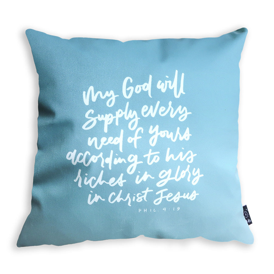 Styled view of He Must Increase But I Must Decrease Christian cushion cover by Hannah Letters.