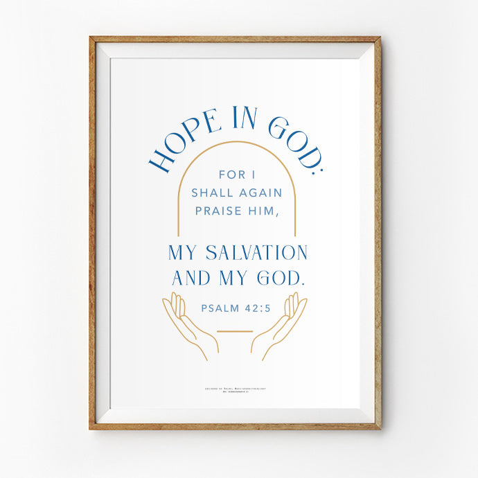 Hope In God Christianity art poster design as home deco a3 poster in white background and blue wordings psalm 42:5 commandment co singapore christian book store