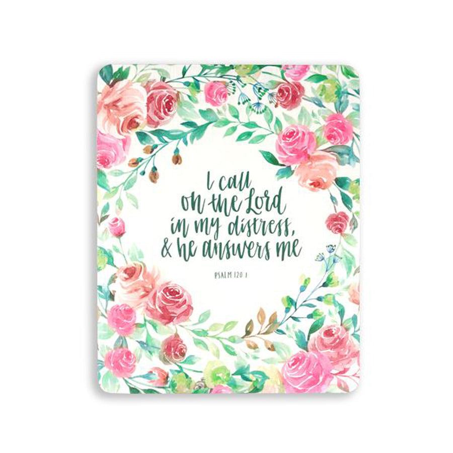 motivational bible verse ‘I call on the Lord and he answers me’ on white background with roses details digitally printed on 16cmx20cm quality pine wood.