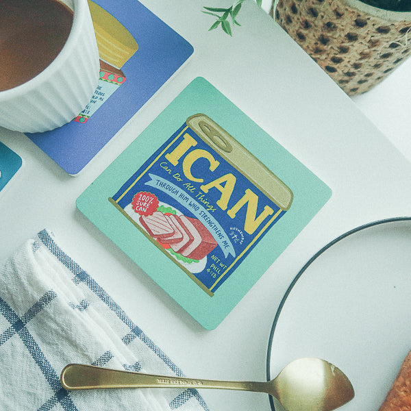 I Can Luncheon Meat Philippians 4:13 wooden coaster lifestyle view.