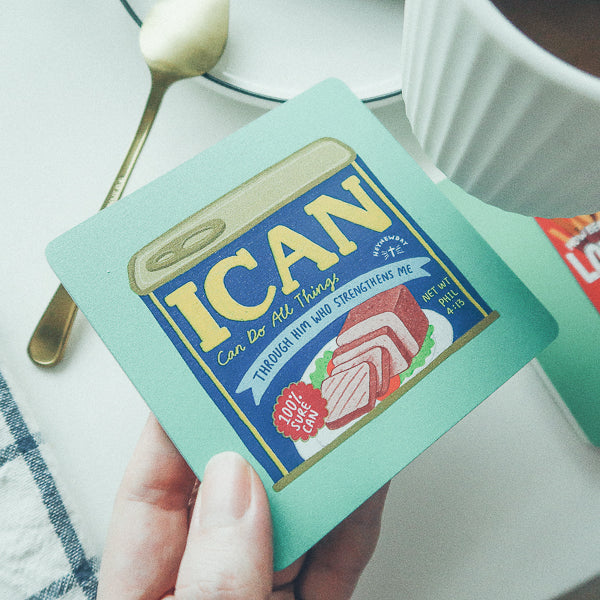 I Can Luncheon Meat Christian wooden coaster product view.