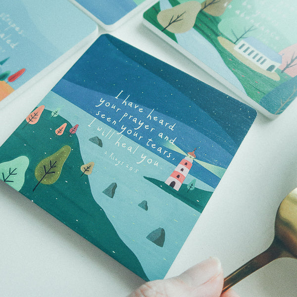 I Have Heard Your Prayer Christian coaster with lighthouse and starry-night illustration.