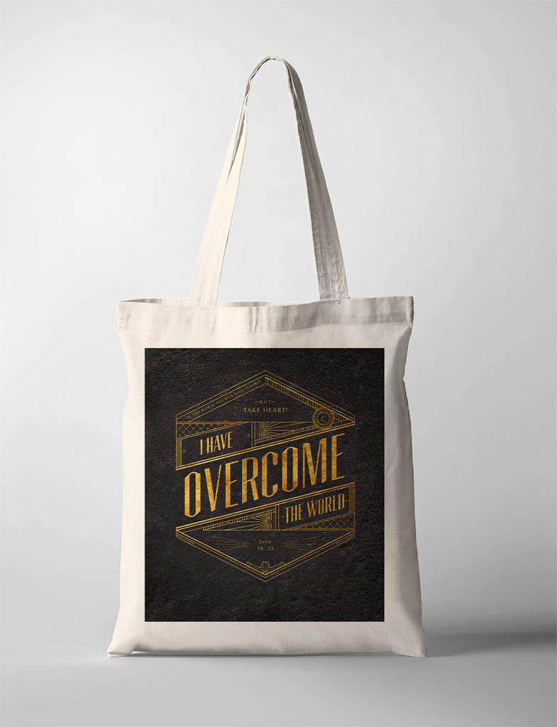 tote bag design that says "In this world you will have trouble. But take heart! I have overcome the world."