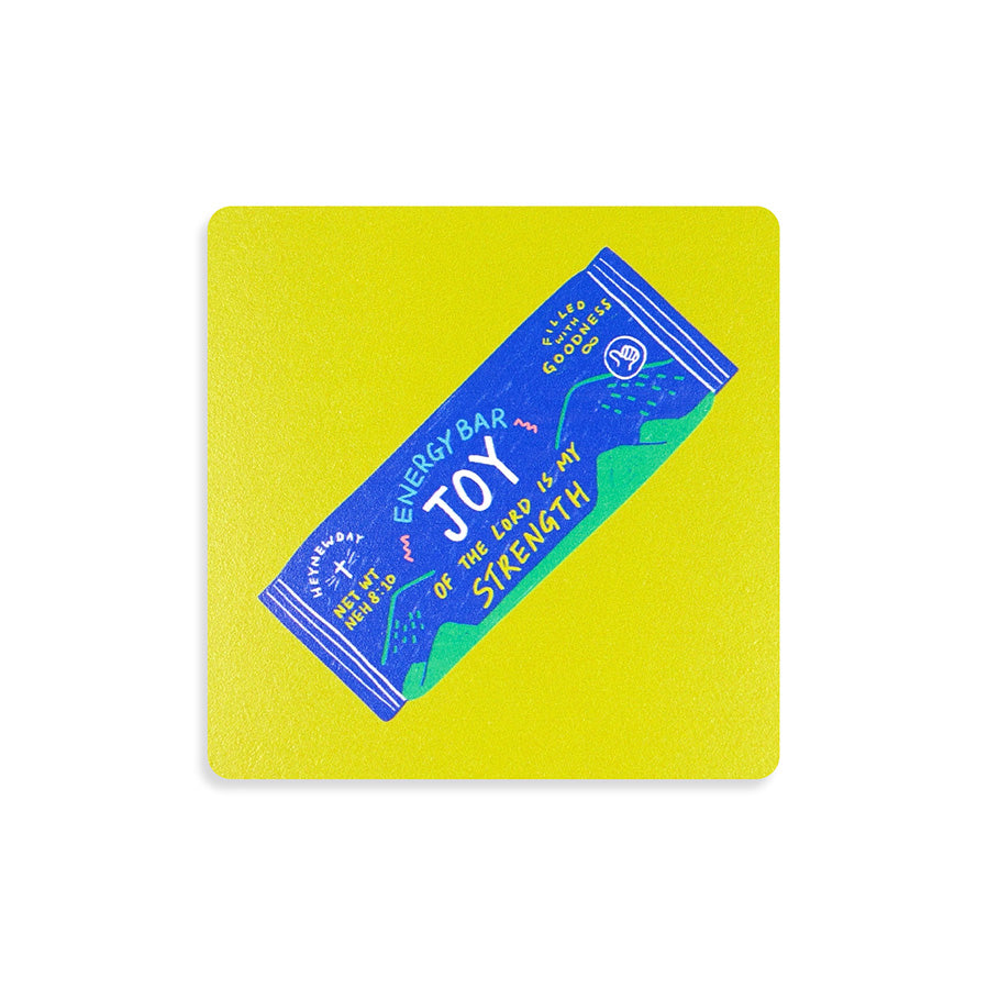 Joy Energy Bar Christian wooden coaster featuring Nehemiah 8:10 and “The joy of the Lord is my strength.”