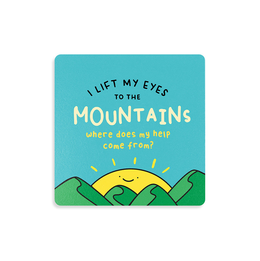 I Lift My Eyes to the Mountains wooden Christian coaster, main product view.