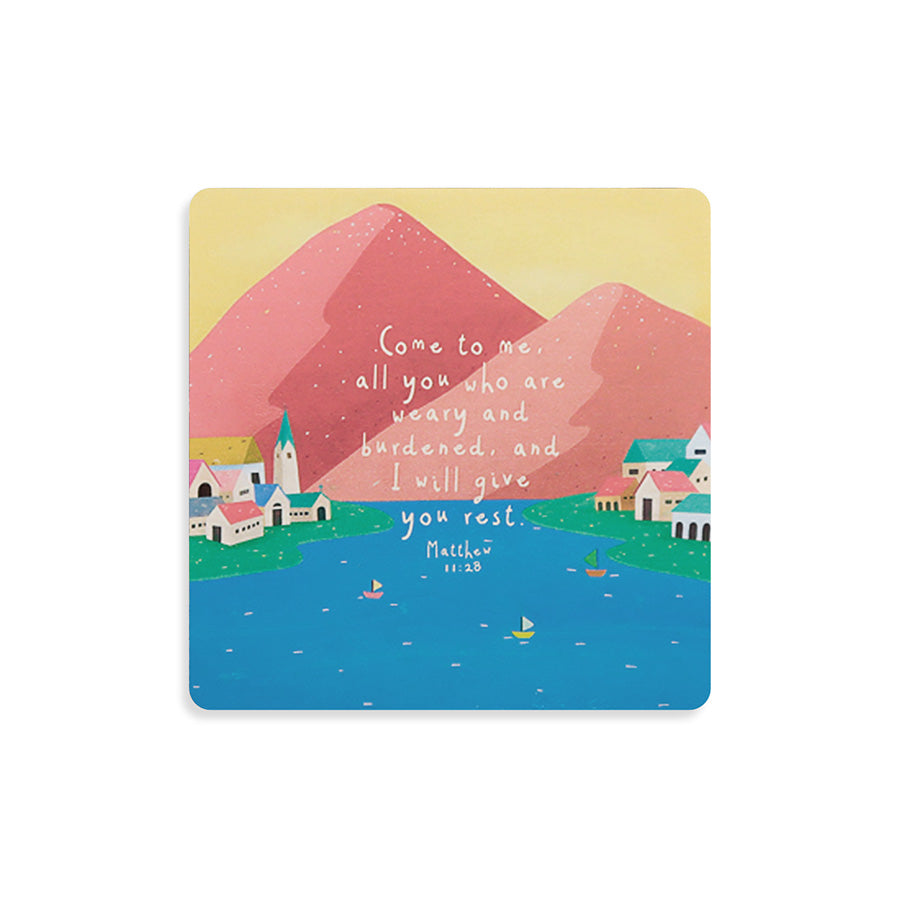 I Will Give You Rest wooden Christian coaster inspired by Matthew 11:28.