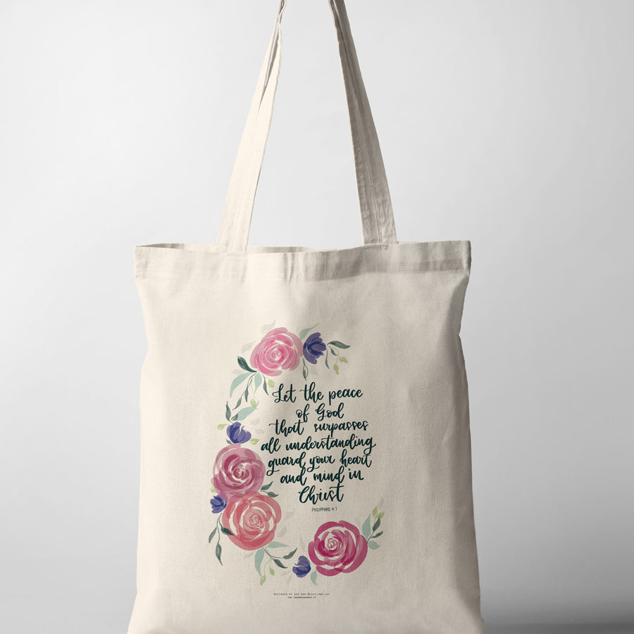 Peace of God watercolor floral tote bag outfit design by Sue Ann @love.ann.joy
