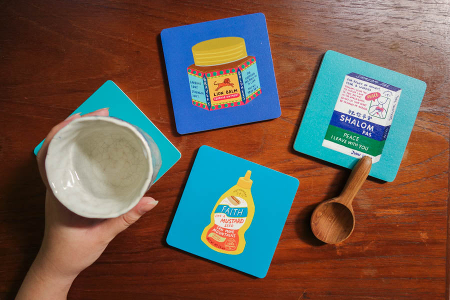 Love Supermarket Christian wooden coaster collection.