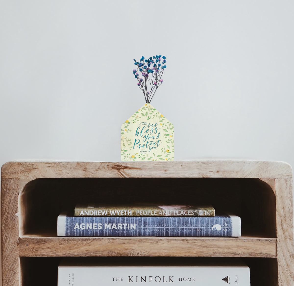 Little House pine wood vase with dried flowers as a simple Christian gift.