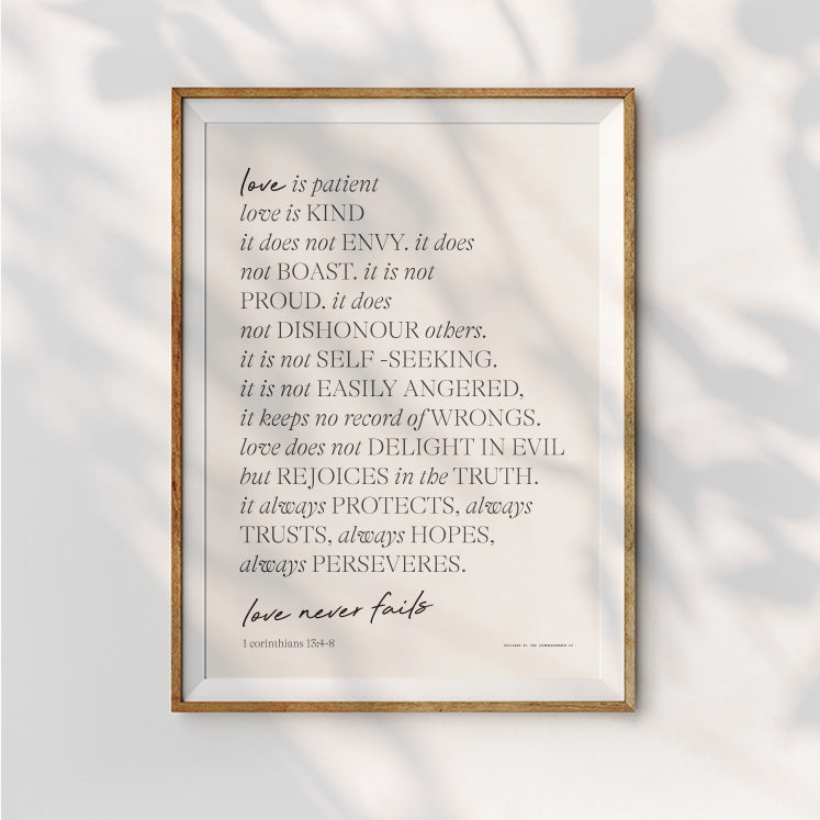 Love Is Patient Love Is Kind Christian poster displayed as wall art.