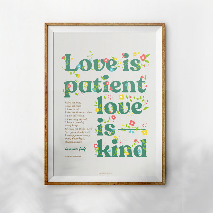 Square view of Love Is Patient Love Is Kind poster with beige background and green wording.