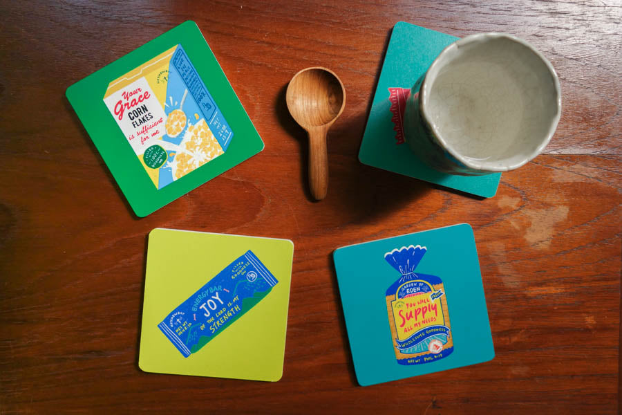 LOVE SUPERMARKET Christian wooden coaster collection with playful grocery-inspired designs.