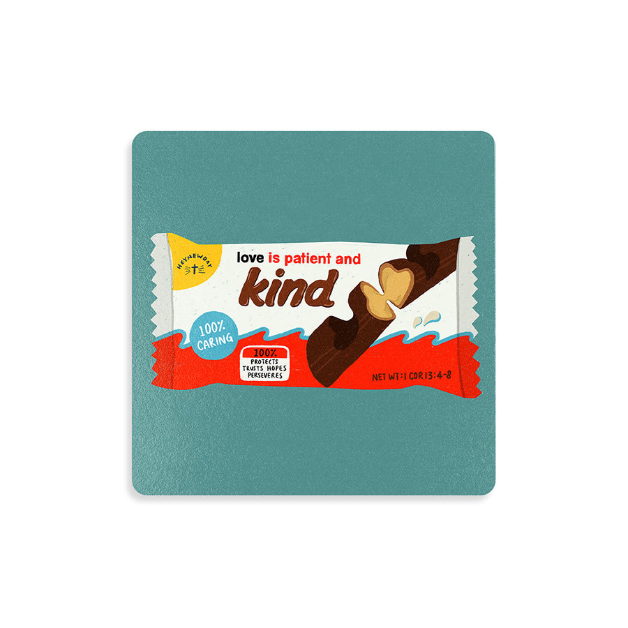 Love Is Patient and Kind chocolate bar-inspired Christian wooden coaster