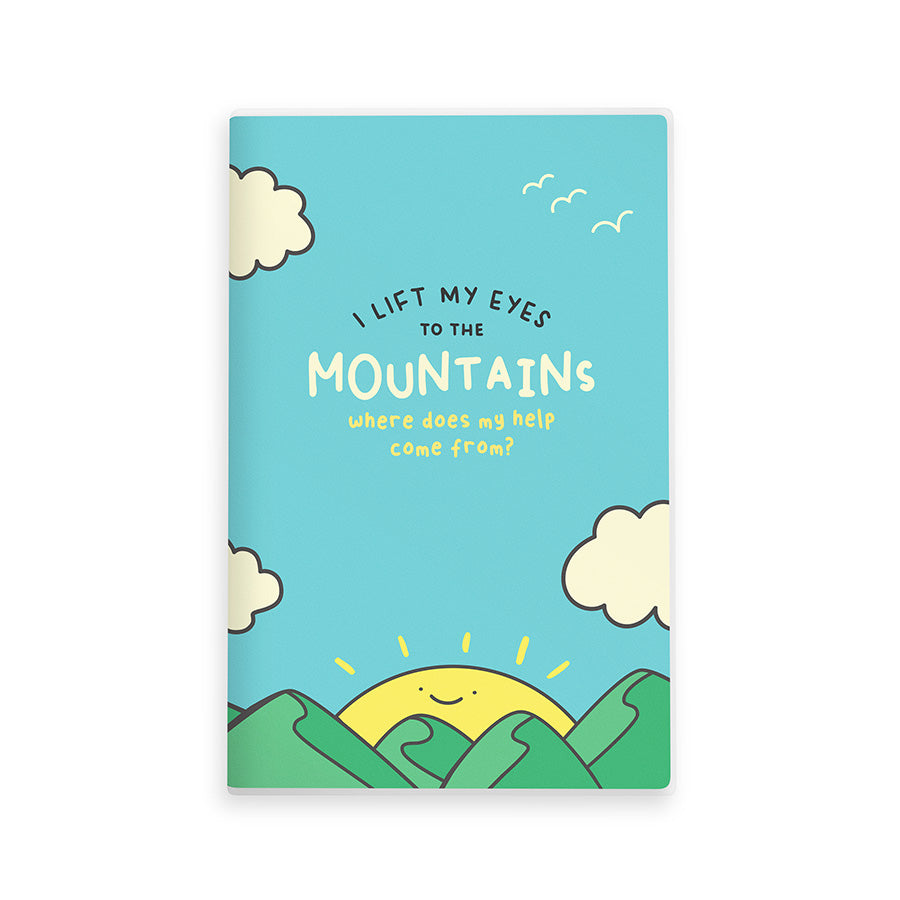 My Help Comes From The Lord A5 Christian notebook with mountain illustration.