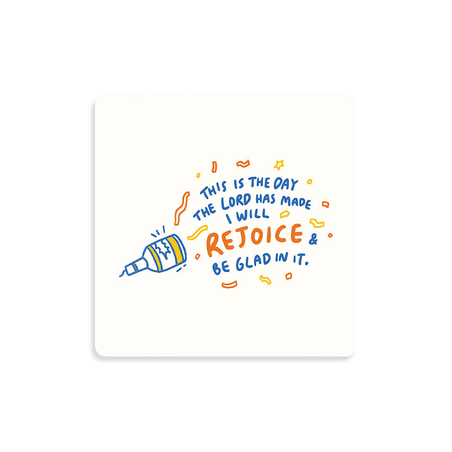 Rejoice Christian wooden coaster with This Is the Day faith message.