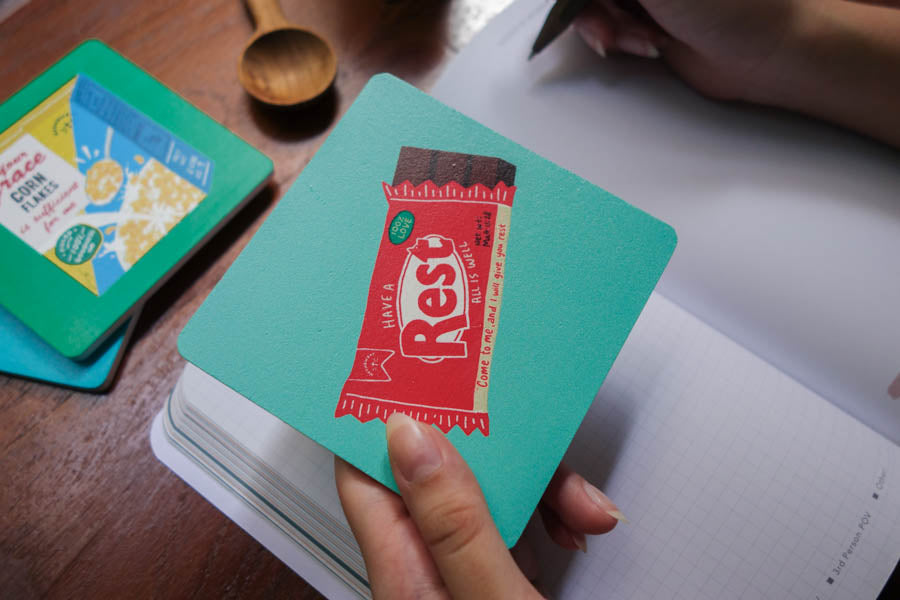 Rest Chocolate Bar Christian coaster product view.