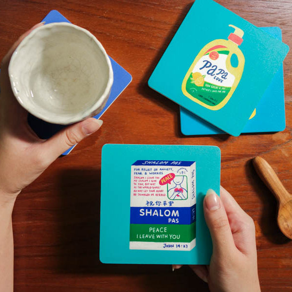 Shalom Pas Christian wooden coaster inspired by John 14:27.