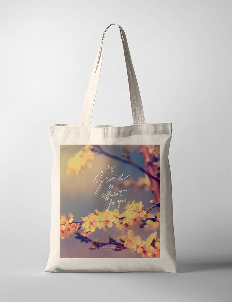 tote bag design that says "My grace is sufficient for you."