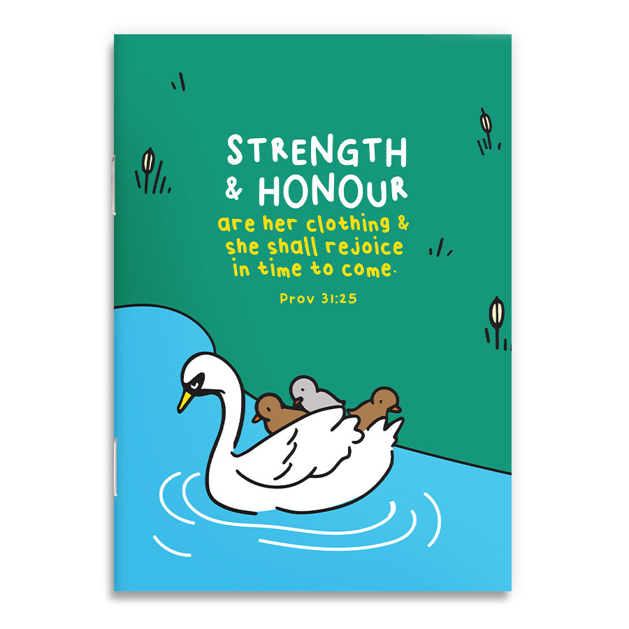 Strength & Honour A6 Christian notebook front cover inspired by Proverbs 31:25.