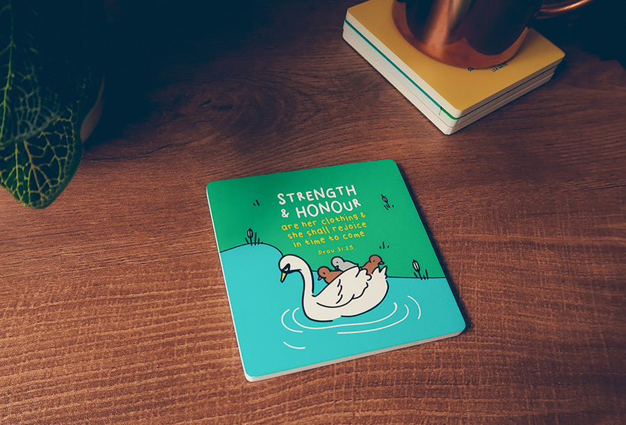 Close-up of Strength and Honour Proverbs 31:25 beverage coaster design.
