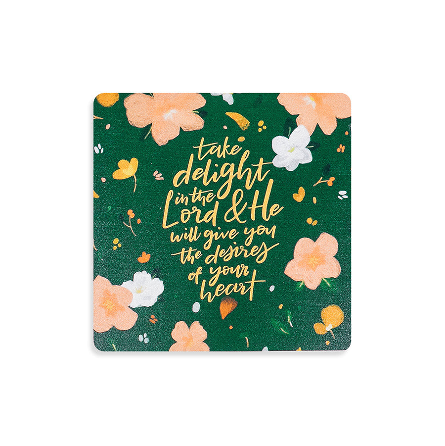 Take Delight In The Lord wooden Christian coaster with royal green design.