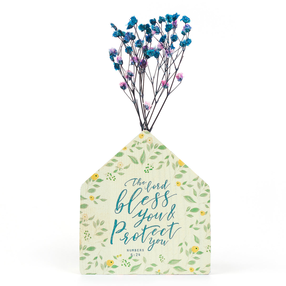 The Lord Bless You and Protect You wooden Little House Vase featuring Numbers 6:24.