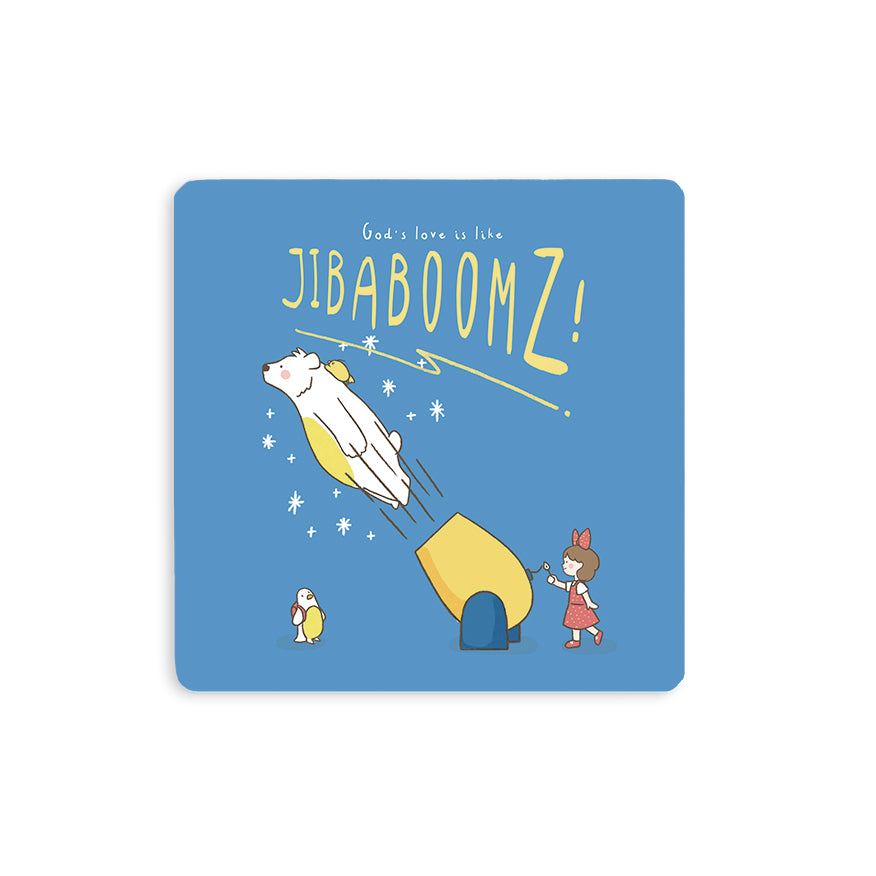 Jibaboomz Christian wooden coaster with God's love message.