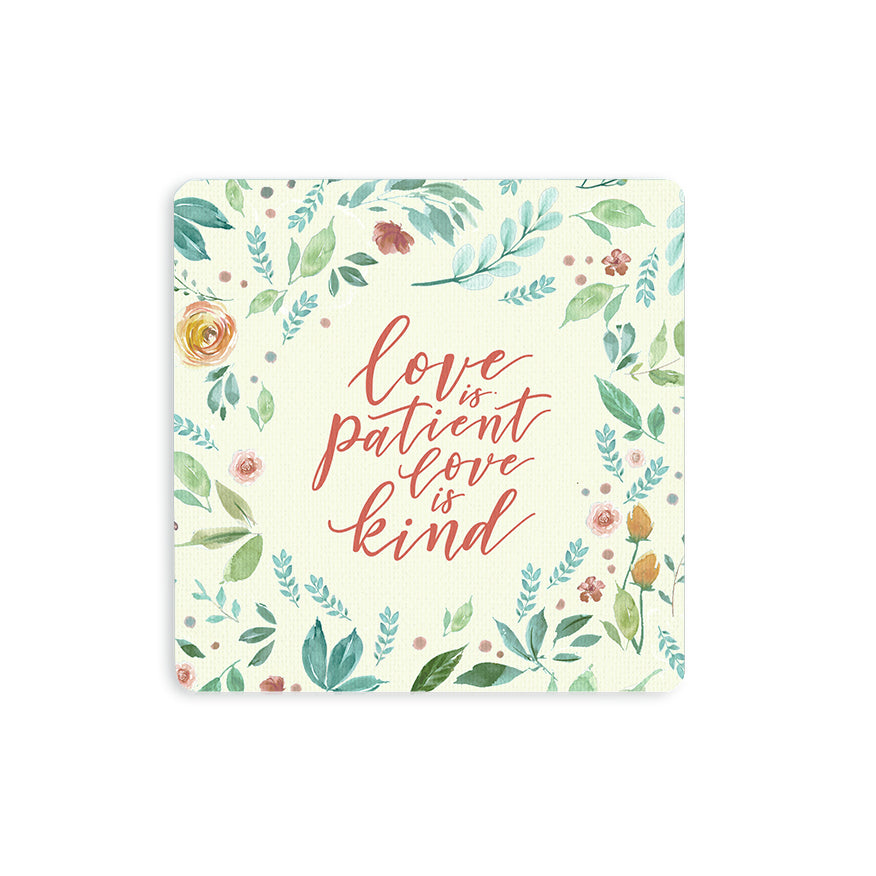 Love Is Patient Love Is Kind Christian wooden coaster featuring 1 Corinthians 13:4.
