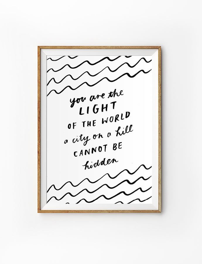 Posters featuring beautiful typography Bible verse quote. ‘You are the light of the world’. 200GSM paper, available in A3,A4 size.