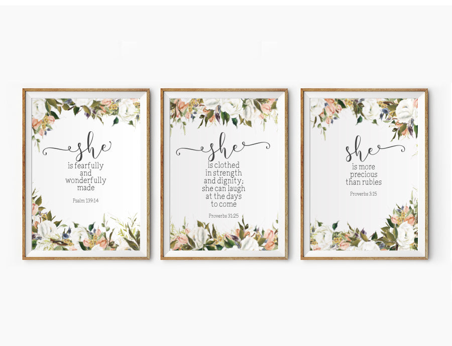 3 Posters featuring beautiful typography bible verses with flower field designs. ‘She is..’series. 200GSM paper, available in A3,A4 size.