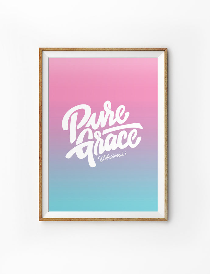 Poster featuring beautiful typography bible verses with Pastel colour designs. ‘Pure Grace’. 200GSM paper, available in A3,A4 size.