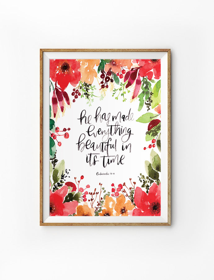 Poster featuring typography bible verses with flowers designs ‘He has made everything beautiful in his time’ is hung on the wall in a gold photo frame. 200GSM paper, available in A3,A4 size.