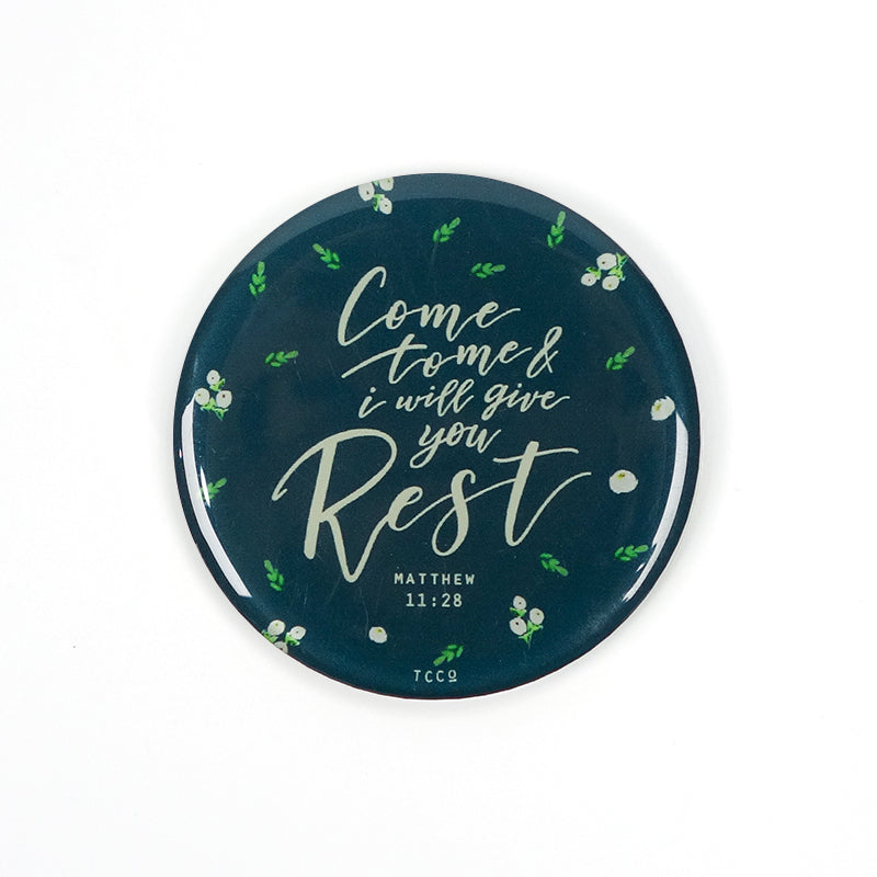 5.5 cm diameter circular Acrylic fridge magnet with bible verse “Come to me and I will give you rest” on foliage background.