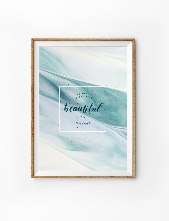 Poster featuring beautiful typography bible verses with brushstrokes designs ‘He makes everything beautiful in his time’ framed in a white frame. 200GSM paper, available in A3,A4 size.