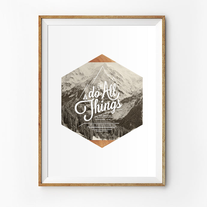 Poster featuring beautiful typography bible verses with hexagonal mountain cap designs ‘I can do all things’. 200GSM paper, available in A3,A4 size. Sepia theme.