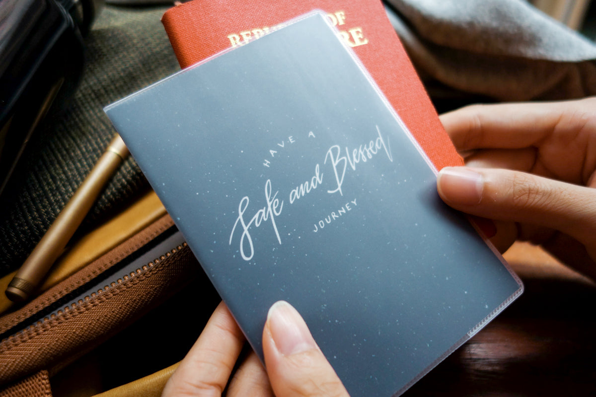 Have A Safe And Blessed Journey passport cover as a farewell or travel gift.