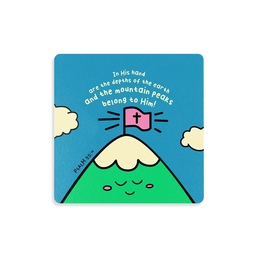 The Mountain Peaks Christian wooden coaster inspired by Psalm 95:4.