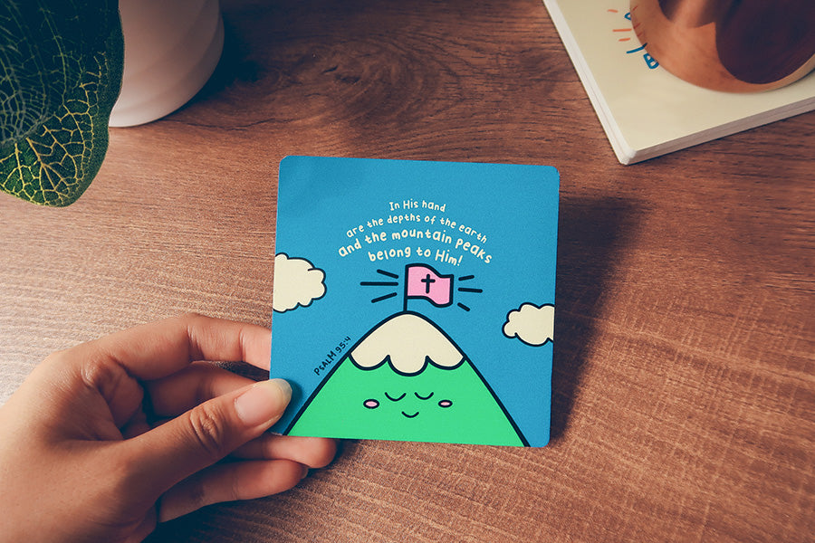 Psalm 95:4 Mountain Peaks wooden Christian coaster product view.