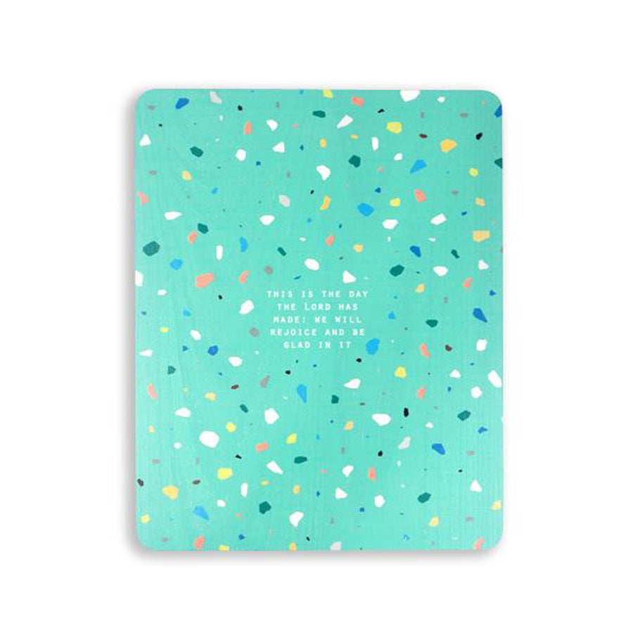 motivational bible verse ‘Rejoice and be glad’ on green terrazzo background digitally printed on 16cmx20cm quality pine wood.