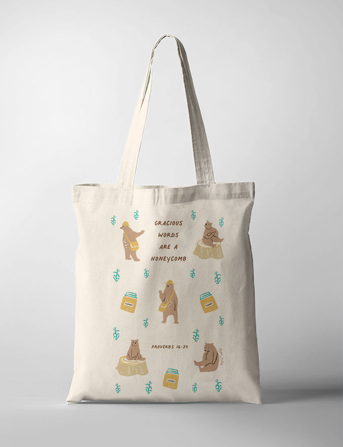 Gracious words are a honeycomb christianity tote bag design by YIM x TCCO