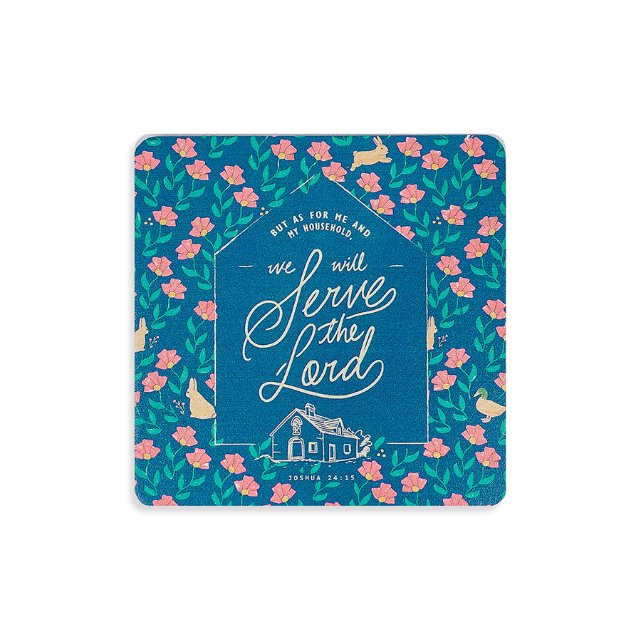 Serve the Lord Christian wooden coaster with bunny and duck illustration.