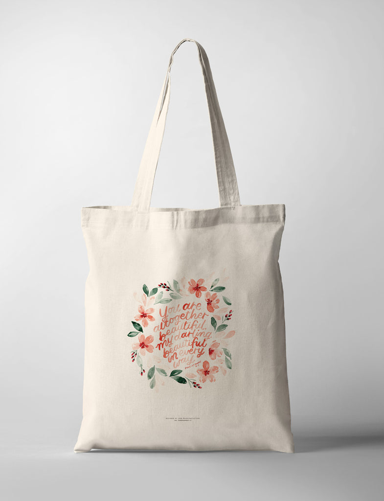 Song of Songs 4:7 bible verse with nature floral design printed on tote bag