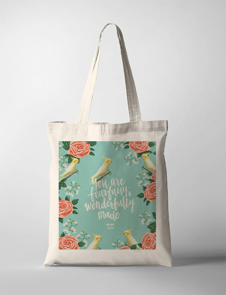 tote bag design that says "you are fearfully and wonderfully made"