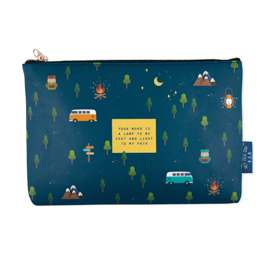 Multipurpose PU Leather pouch in blue painting with campfire camping designs on it. Features bible verse ‘Your word is a lamp to my feet and light to my path ' in blue lettering and is great Christian gift idea. The pouch has inner lining, gold zip. Dimensions: 21cm (W) x 14cm (H)