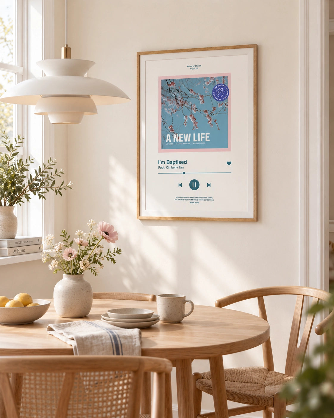 I Am Baptised customisable Christian baptism poster displayed in a warm Scandinavian dining room