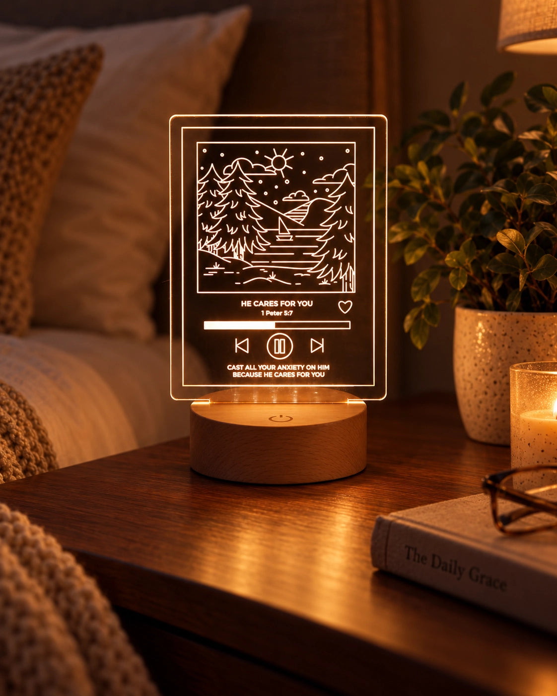 He Cares For You Christian night light glowing on a bedside table in a warm evening bedroom