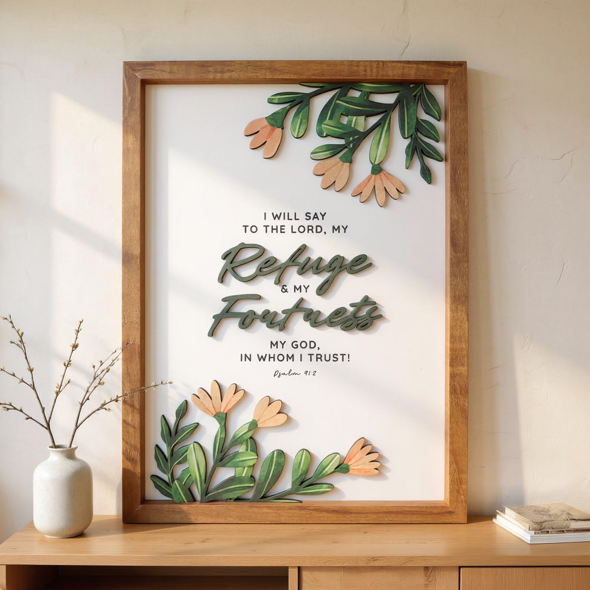 My Refuge & Fortress Psalm 91:2 Christian 3D wooden poster displayed in a warm neutral home interior