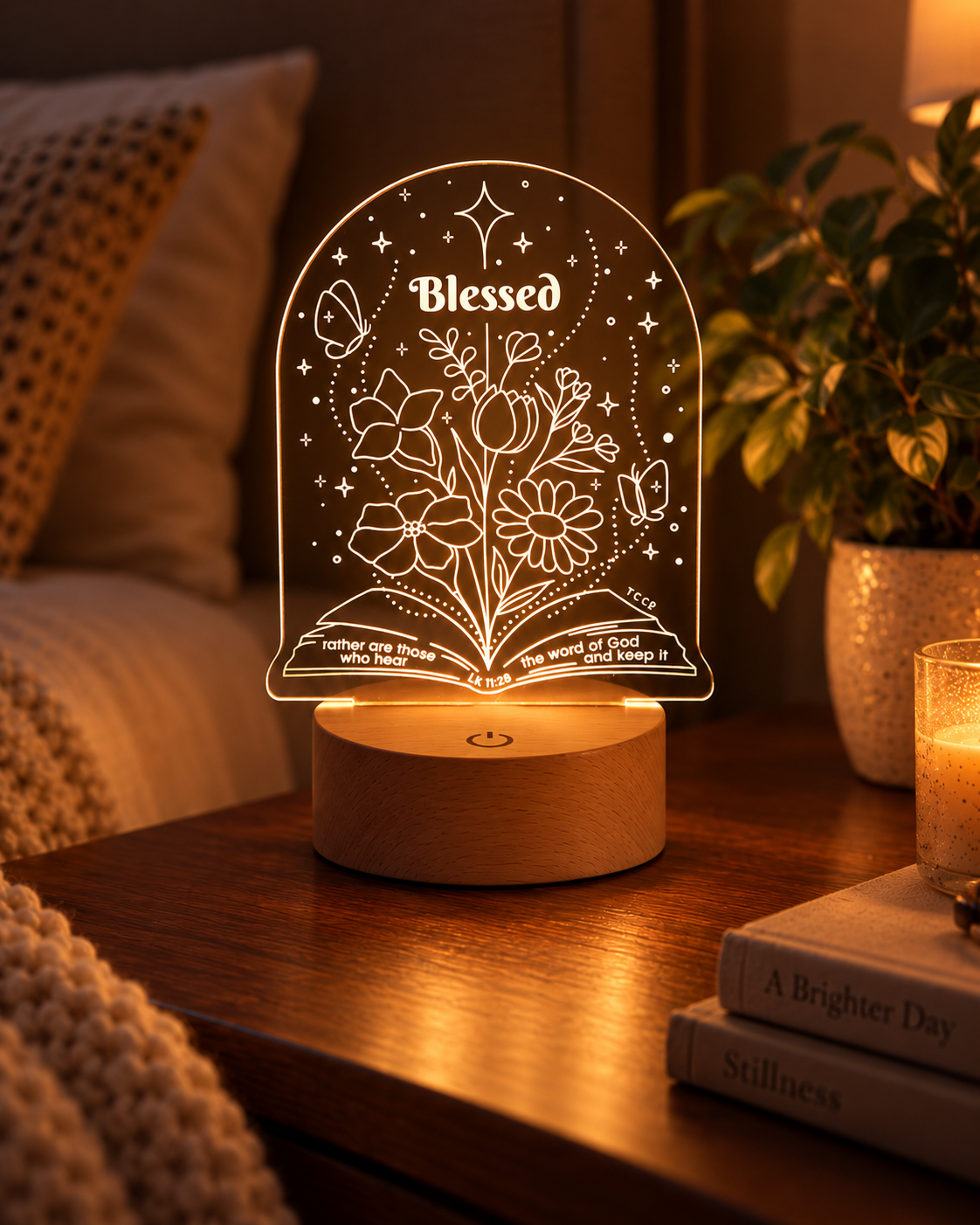 Blessed Rather Are Those Who Hear Christian night light glowing on a warm bedside table
